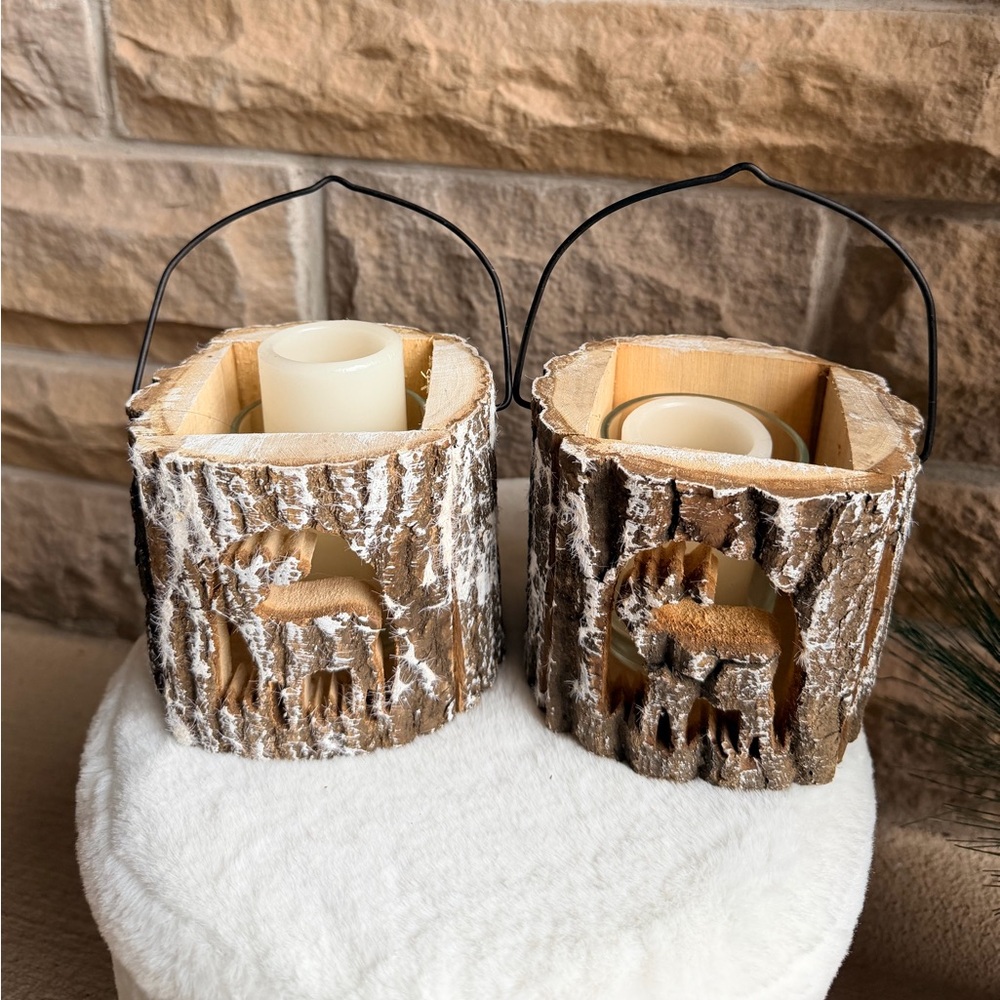 Natural Wood Christmas Tea light Lanterns Candle Holders Reindeer Festive Rustic